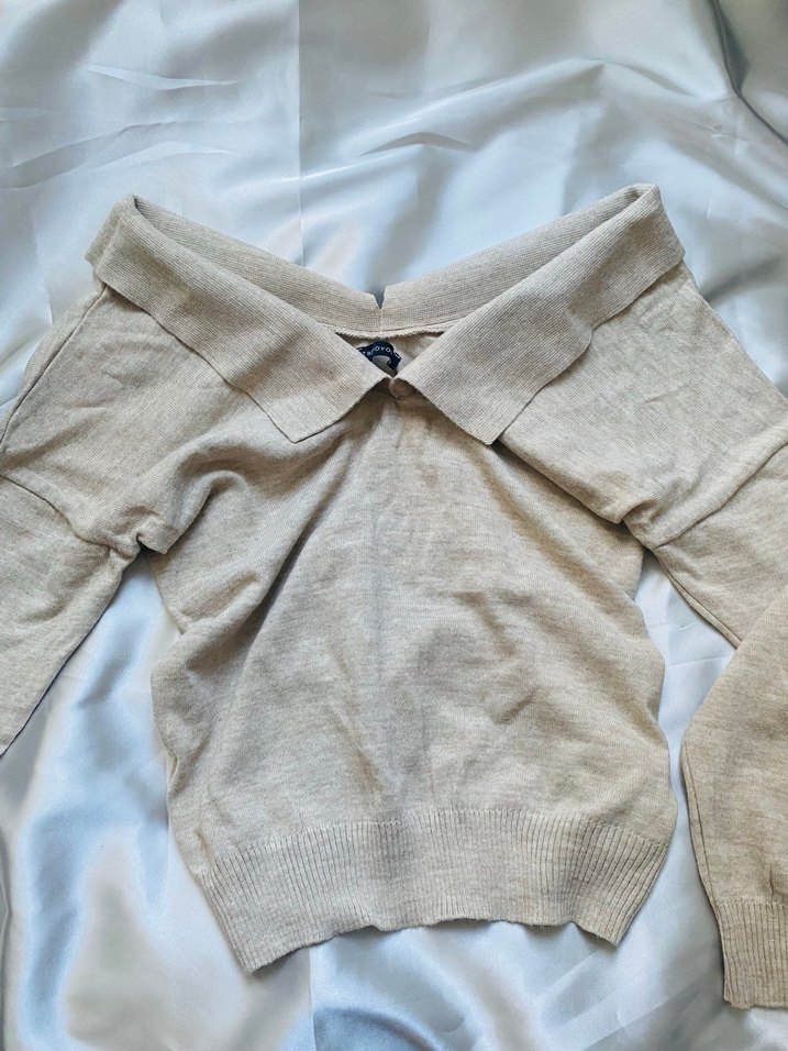 Bej Kadın Keten Gömlek Yaka Düğmeli Kazak - Görsel 2