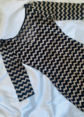 Zigzag Desenli Siyah Midi Elbise - Görsel 3