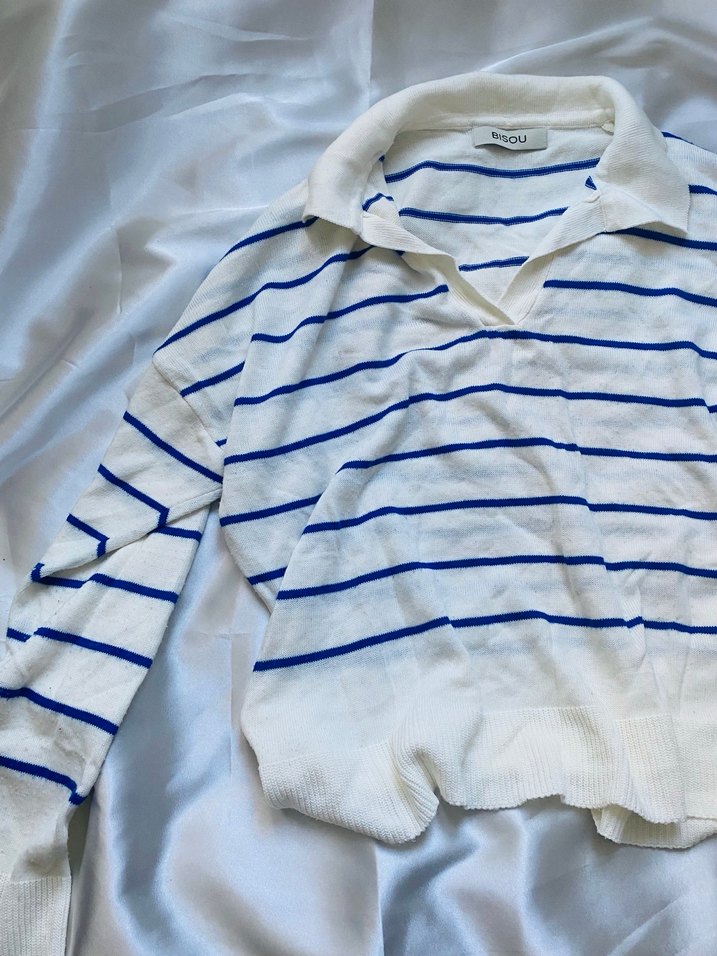 Kadın Beyaz Çizgili Uzun Kollu Triko - Görsel 2