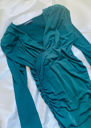 Uzun Kollu Drapeli Yeşil V Yaka Elbise - Görsel 6