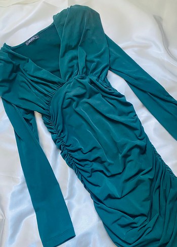 Uzun Kollu Drapeli Yeşil V Yaka Elbise - Görsel 5