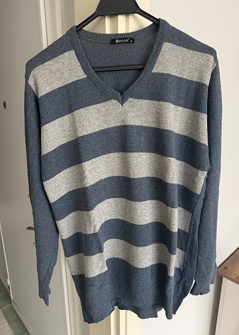 Çizgili V Yakalı Örgü Erkek Kazak - Görsel 3