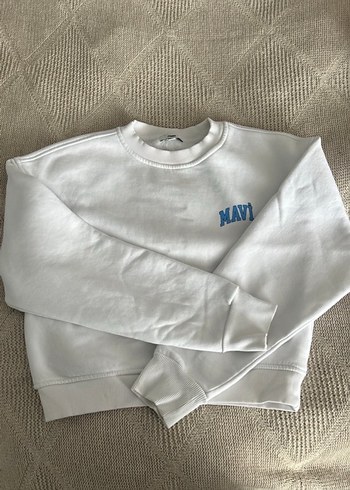 Beyaz Mavi Baskılı Örme Sweatshirt - Görsel 2