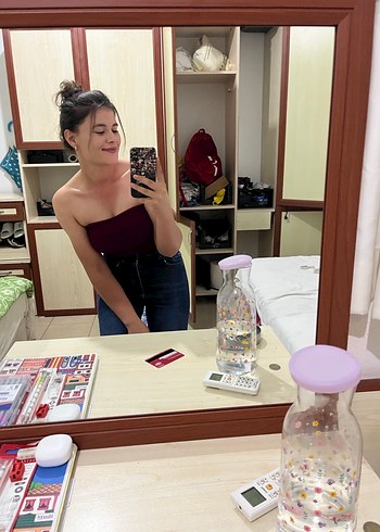 Bordo Straplez Denim Bustiyer - Görsel 2