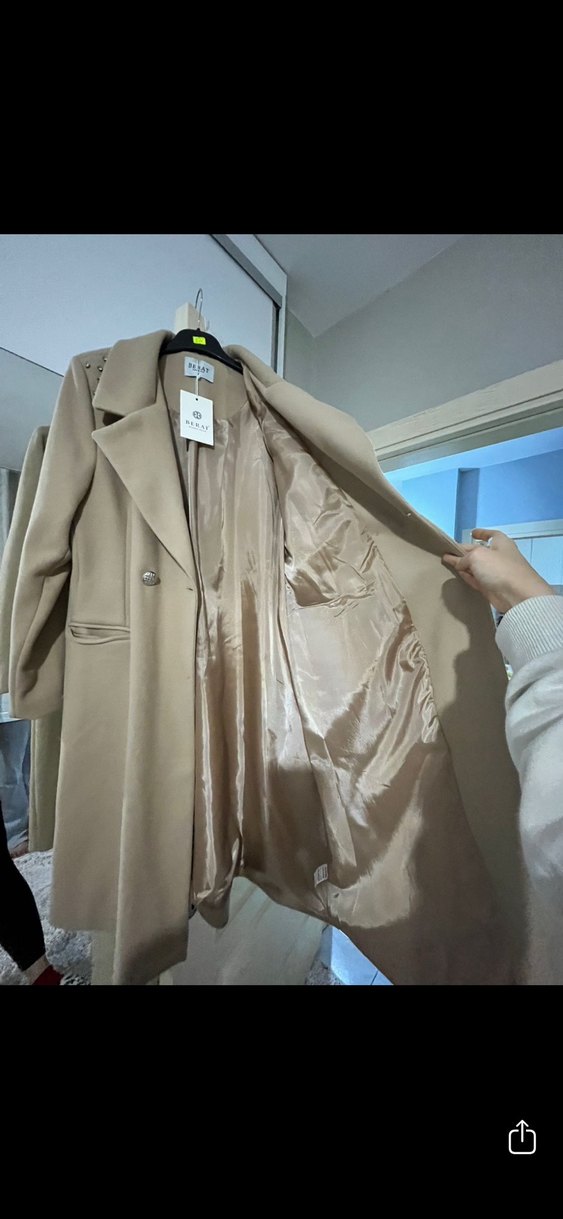 Bej Kadın Uzun Süet Düğmeli Klasik Kaban - Görsel 3