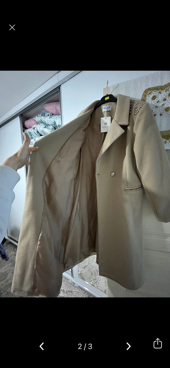 Bej Kadın Uzun Süet Düğmeli Klasik Kaban - Görsel 2