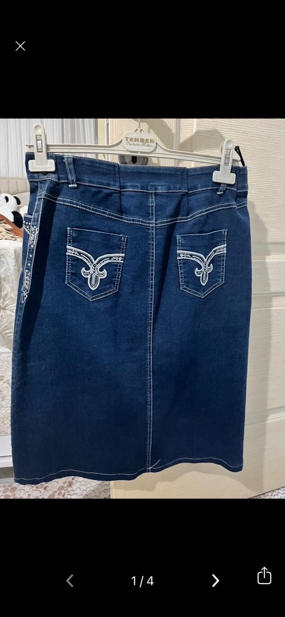 Kadın Lacivert Nakışlı Denim Midi Etek - Görsel 2