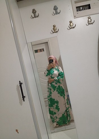 Yeşil Bağlama Desenli Uzun Salaş Elbise - Görsel 2