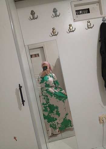 Yeşil Bağlama Desenli Uzun Salaş Elbise - Görsel 3