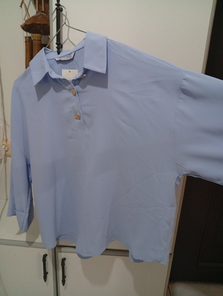 Mavi polyester uzun Kollu Düğmeli Gömlek - Görsel 2