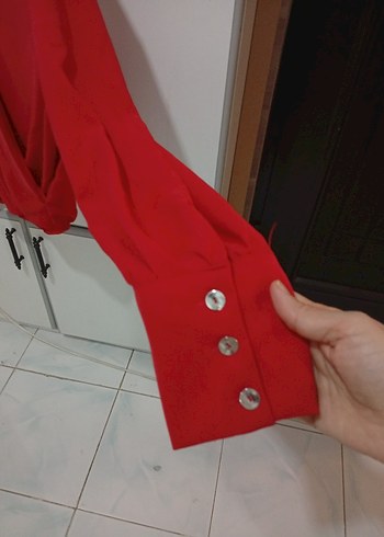 Kırmızı V Yaka Uzun Kollu Salaş Bluz - Görsel 7