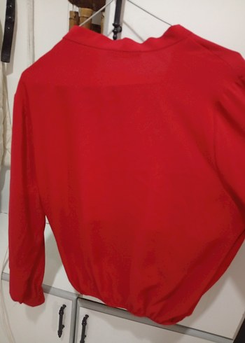 Kırmızı V Yaka Uzun Kollu Salaş Bluz - Görsel 3