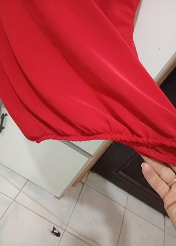 Kırmızı V Yaka Uzun Kollu Salaş Bluz - Görsel 5