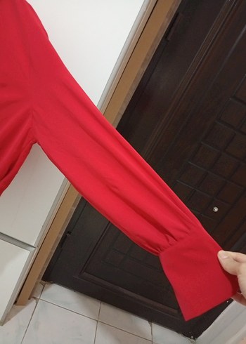 Kırmızı V Yaka Uzun Kollu Salaş Bluz - Görsel 6