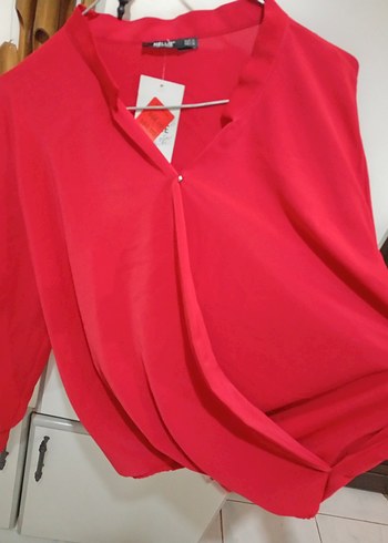 Kırmızı V Yaka Uzun Kollu Salaş Bluz - Görsel 2