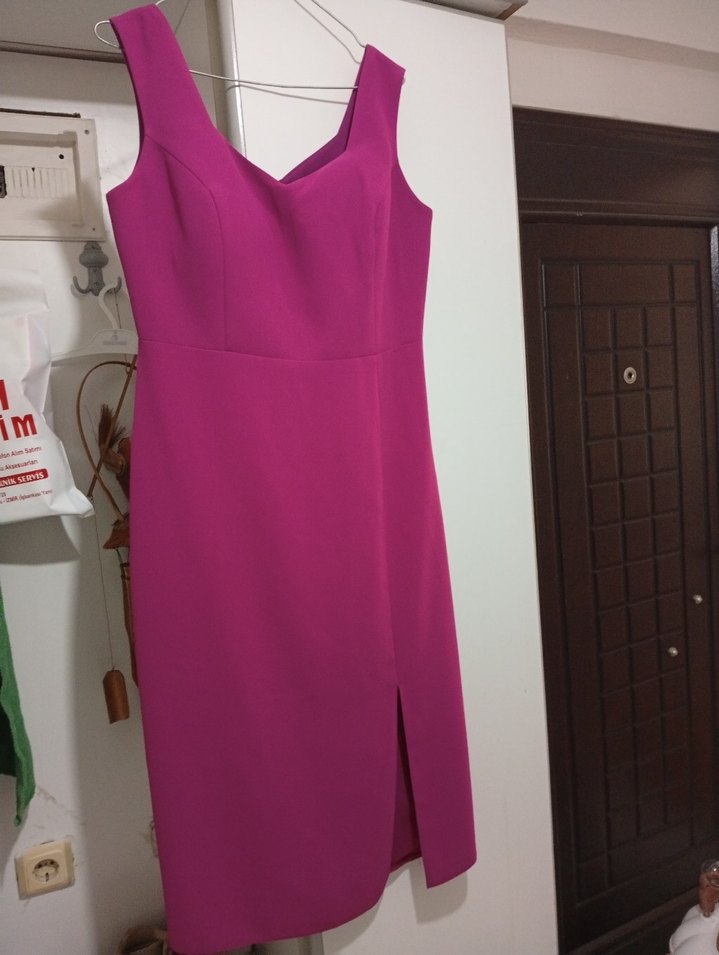 fuşya V Yaka Midi Elbise - Görsel 2