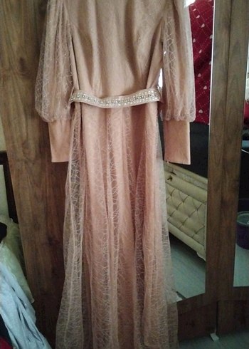 48 Beden beyaz Renk Bej Uzun Kollu Bohem Vintage Abiye Elbise