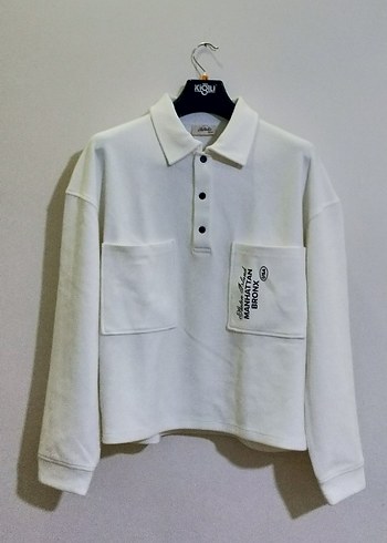 Düğmeli Beyaz Erkek dokuma Sweatshirt.