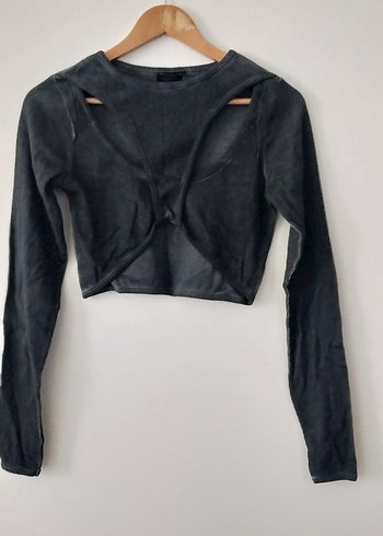 Gri penye Uzun Kollu Crop Top