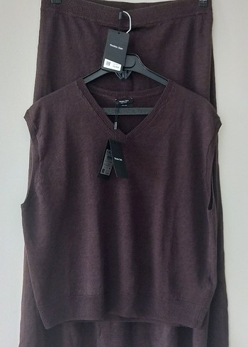 Massimo Dutti Kahve Kadin Triko V Yaka Kolsuz Bluz Ve Etek
