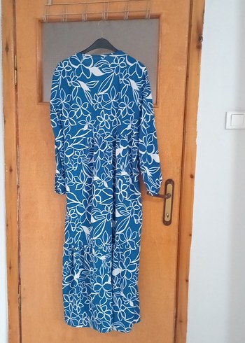 Mavi Çiçek Desenli Uzun Bohem Elbise - Görsel 3