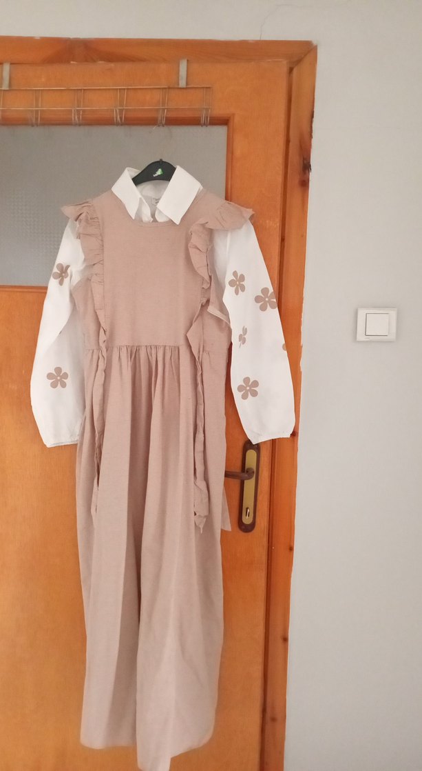 Bej Keten Elbise - Görsel 5