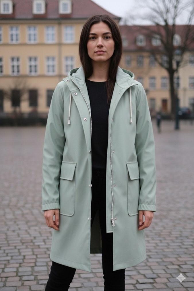 Gri Midi Kadın Yağmurluk Kapüşonlu - Görsel 2