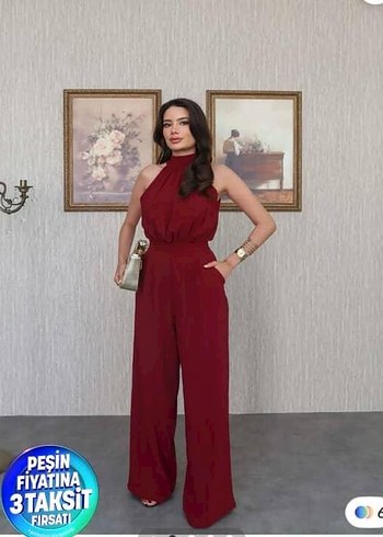 Bordo Kemerli Uzun Kadın Tulum - Görsel 2