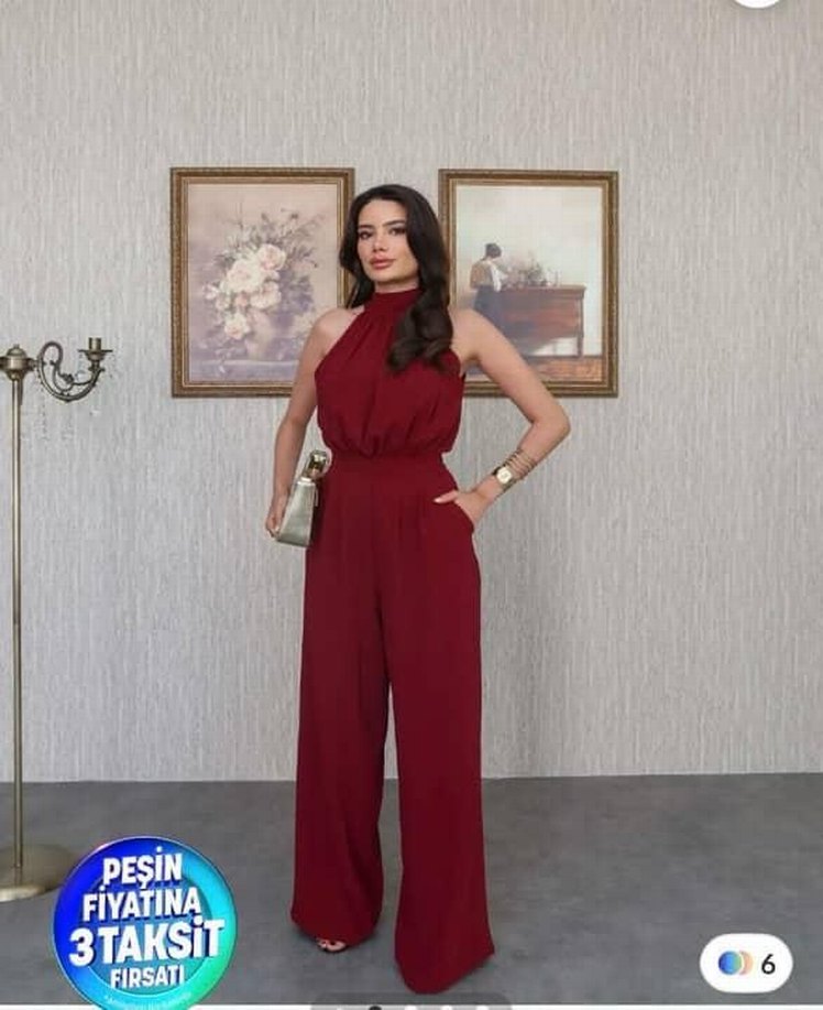 Bordo Kemerli Uzun Kadın Tulum - Görsel 2