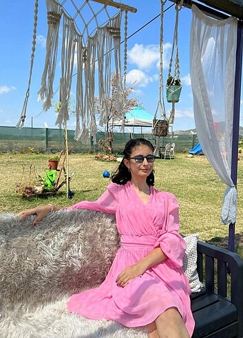s Beden Toz pembe şifon elbise