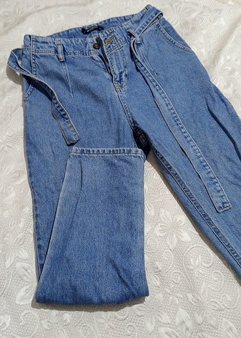 Kadın Mavi Kemerli Normal Boy Denim Pantolon - Görsel 2