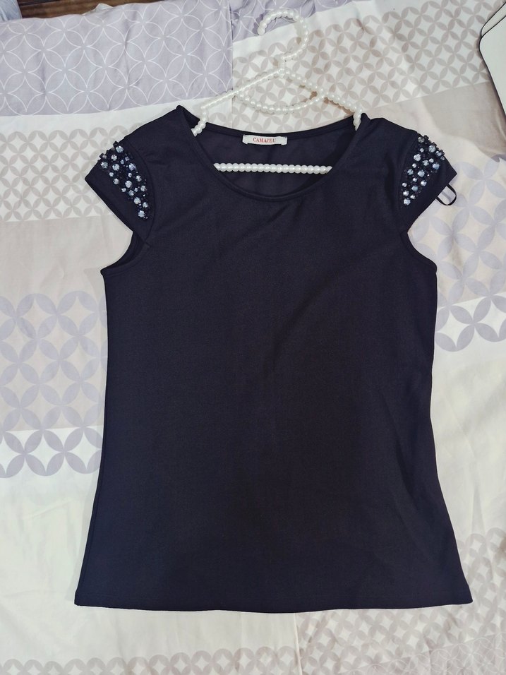 Boncuk İşlemeli Siyah Kısa Kollu Kadın Bluz - Görsel 3