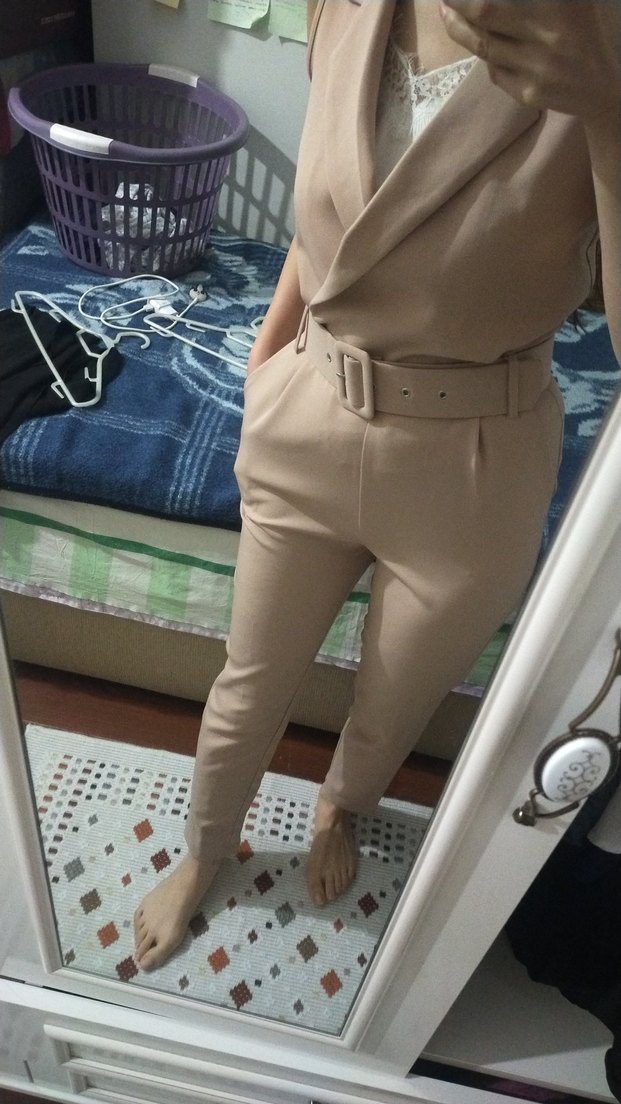 Bej Kemerli Kadın Midi Tulum - Görsel 3