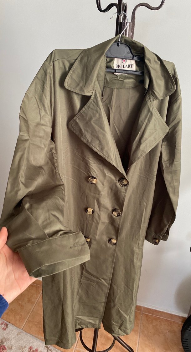 Kadın Haki Düğmeli Uzun Keten Trençkot - Görsel 2