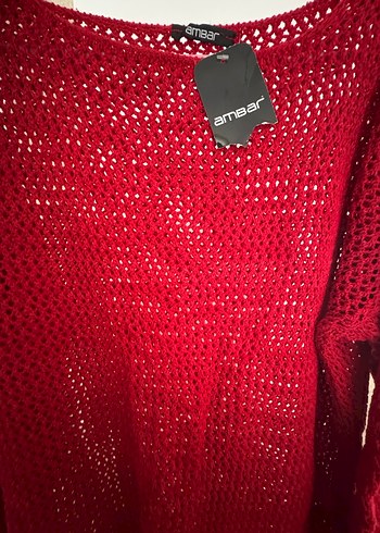 Ambar standart beden kırmızı delikli kazak - Görsel 3