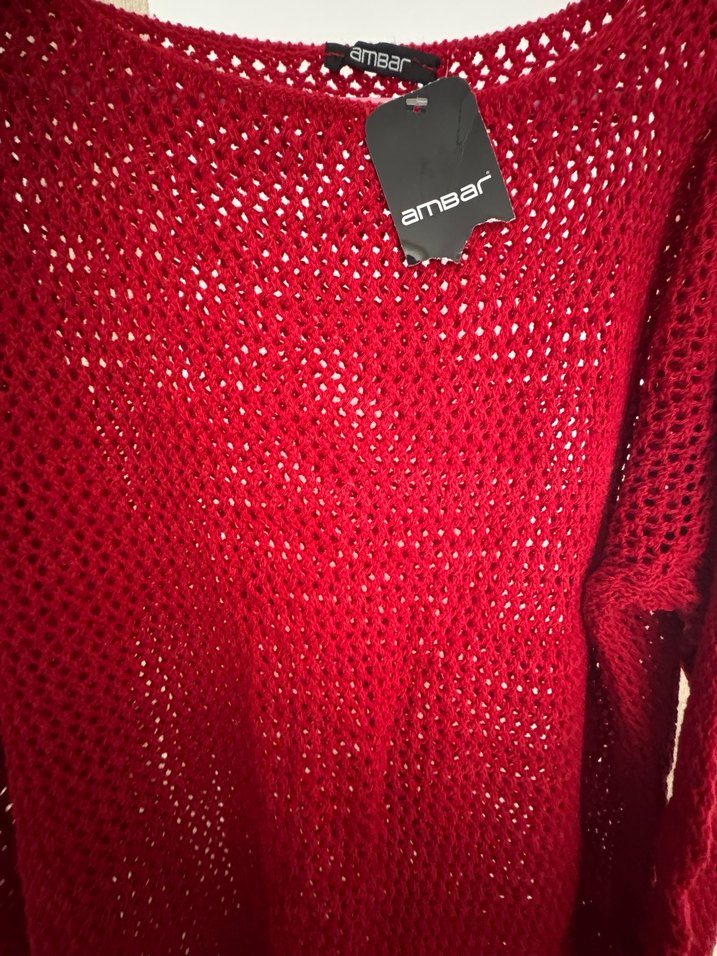 Ambar standart beden kırmızı delikli kazak - Görsel 3