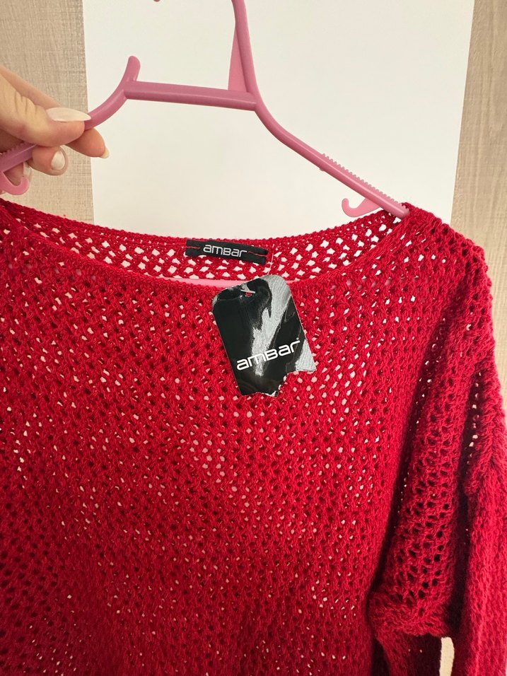 Ambar standart beden kırmızı delikli kazak - Görsel 2