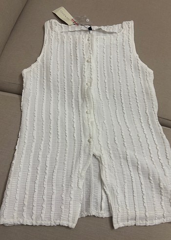 Trendyolmilla M beden Beyaz Kısa Kollu Pliseli Triko Bluz - Görsel 2