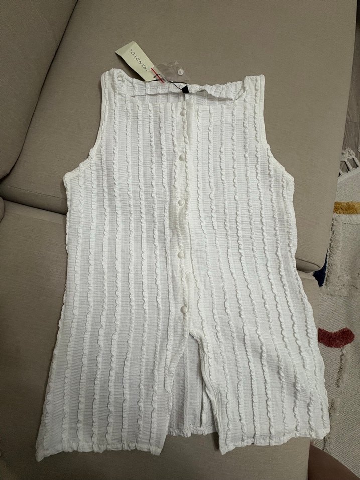 Trendyolmilla M beden Beyaz Kısa Kollu Pliseli Triko Bluz - Görsel 4