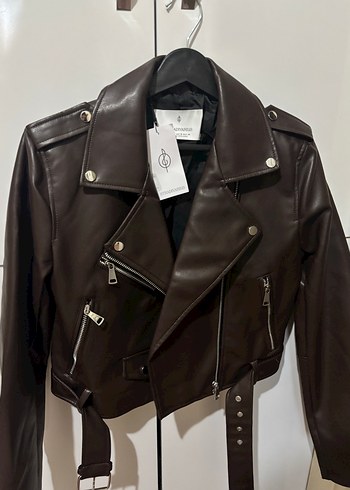 Kahverengi Deri Biker Ceket Kemerli - Görsel 2