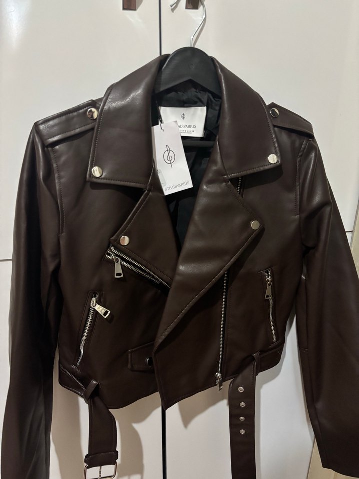 Kahverengi Deri Biker Ceket Kemerli - Görsel 2