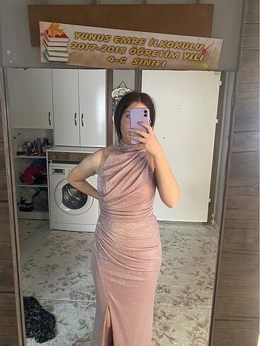 m Beden Pembe Simli Elbise