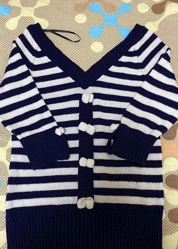 Düğmeli V Yaka Çizgili Mavi Triko Hırka - Görsel 4