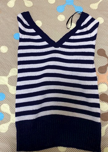 Düğmeli V Yaka Çizgili Mavi Triko Hırka - Görsel 3