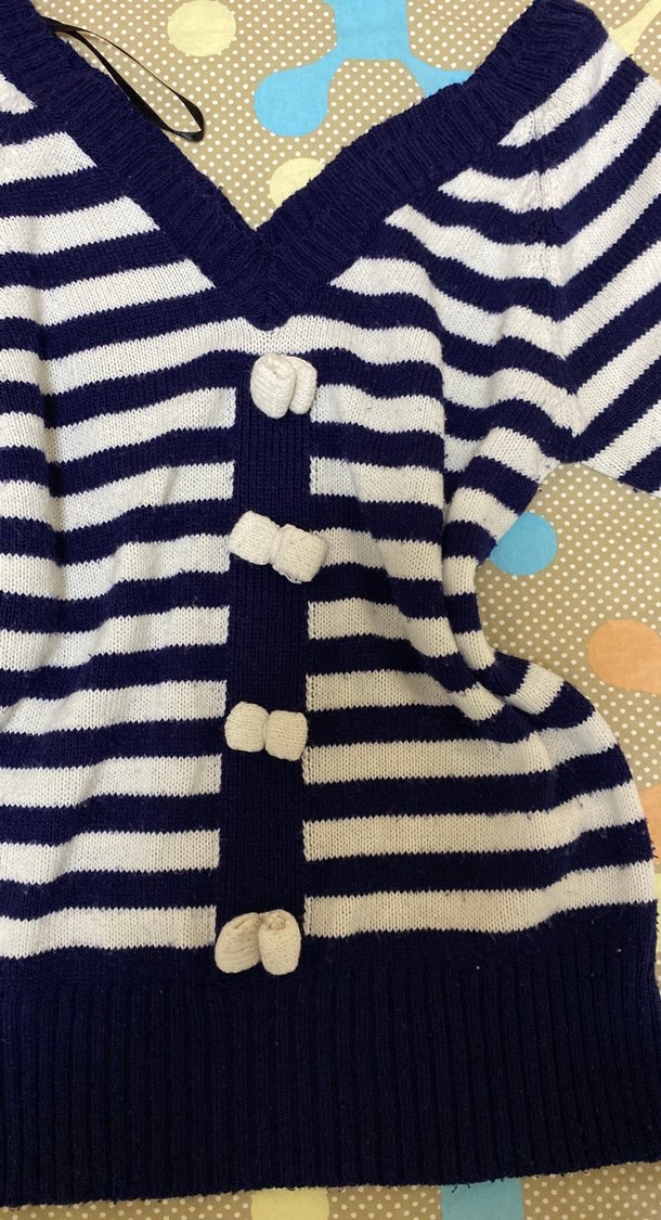 Düğmeli V Yaka Çizgili Mavi Triko Hırka - Görsel 2