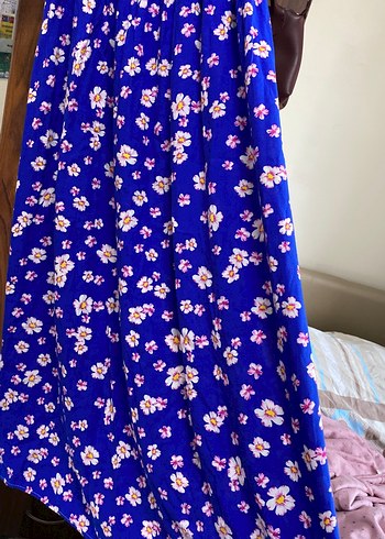 Mavi Çiçek Desenli Uzun Bohem Elbise - Görsel 4