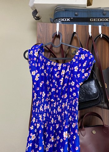 Mavi Çiçek Desenli Uzun Bohem Elbise - Görsel 3