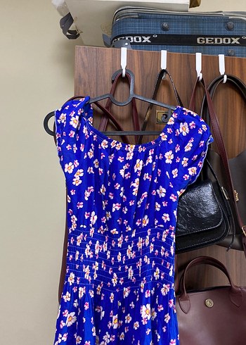 Mavi Çiçek Desenli Uzun Bohem Elbise - Görsel 2