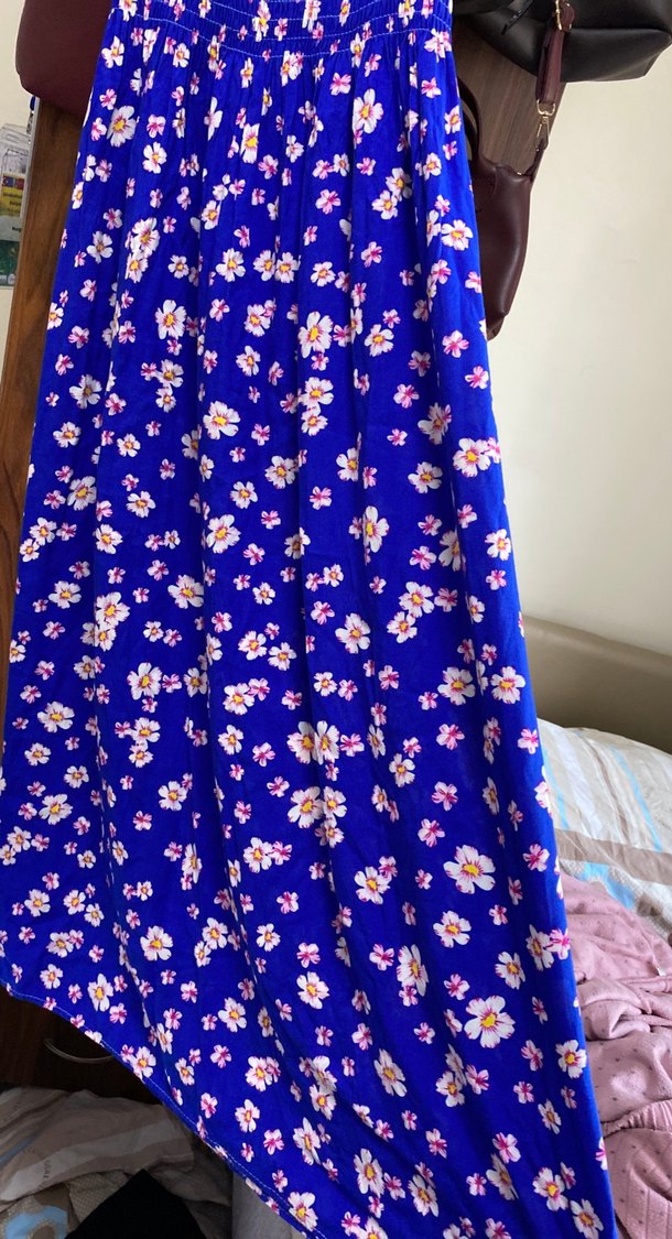 Mavi Çiçek Desenli Uzun Bohem Elbise - Görsel 4