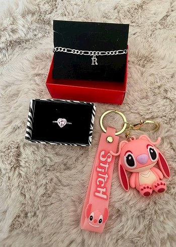  Beden Pembe Stitch Figürlü Zincirli Anahtarlık Takı Seti
